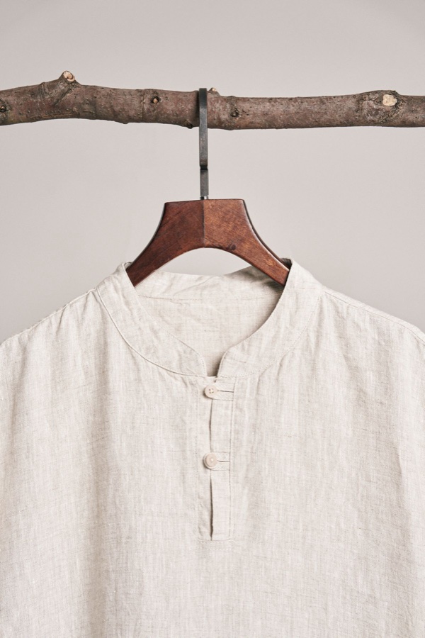A linen shirt on a hanger