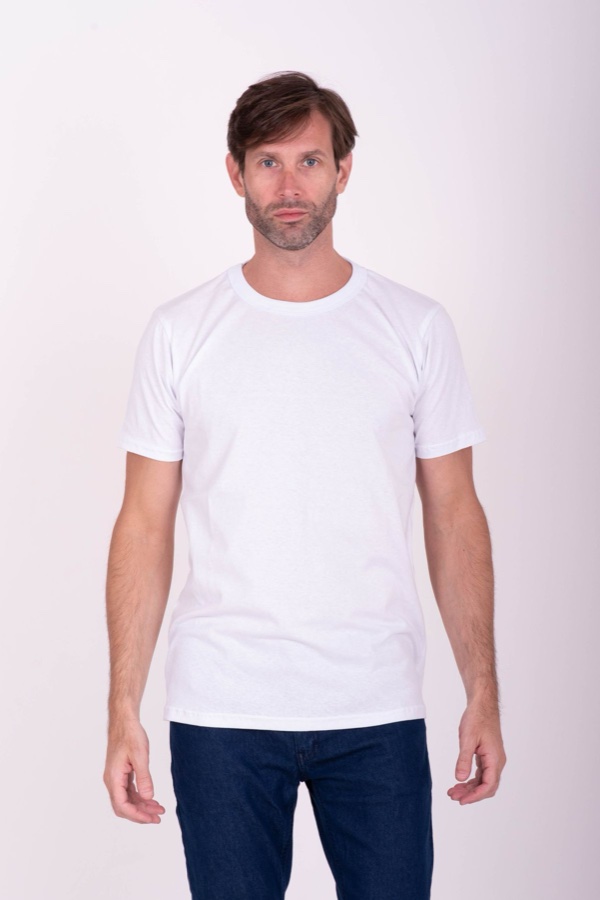 A man wearing a plain crew-neck tee