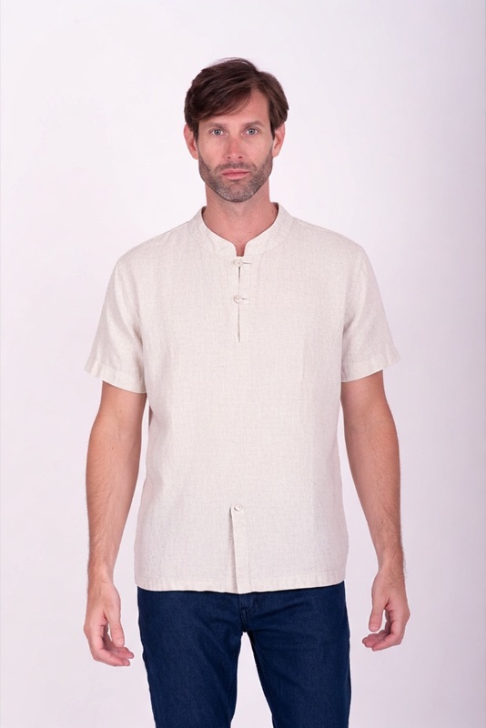 The same man wearing a linen shirt, rendered by the try-on lane
